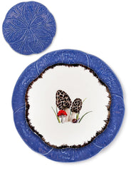 Vajilla con Platos Trinche y Pan de Repollo Azul Cobalto y Platos para Ensalada con Hongos Morillas. Set para 4 personas