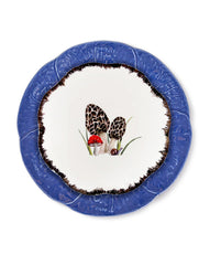 Vajilla con Platos Trinche de Repollo Azul Cobalto y Platos para Ensalada con Hongos Morillas. Set para 4 personas