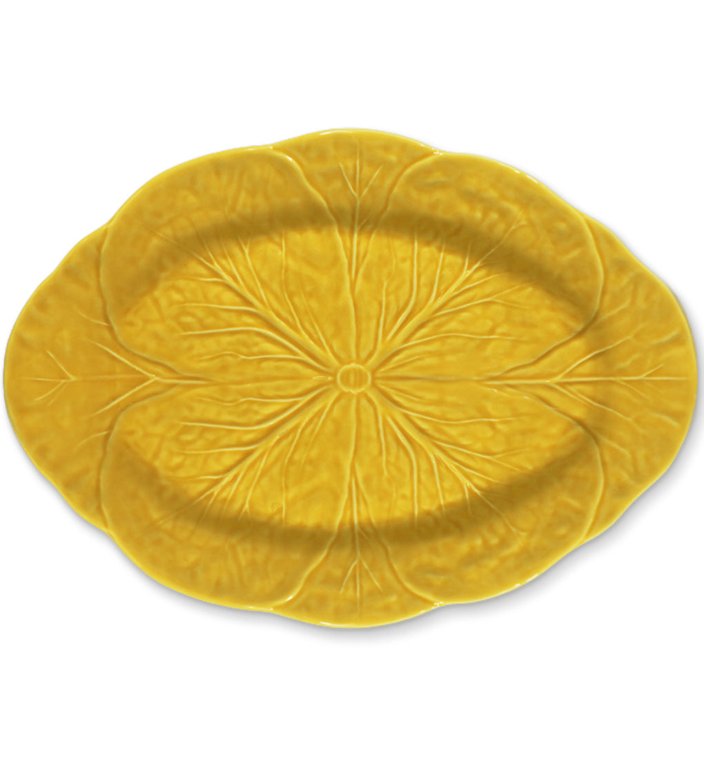 Platon para servir ovalado de 39 cm de cerámica color amarillo, en forma de hoja de repollo, marca Zash