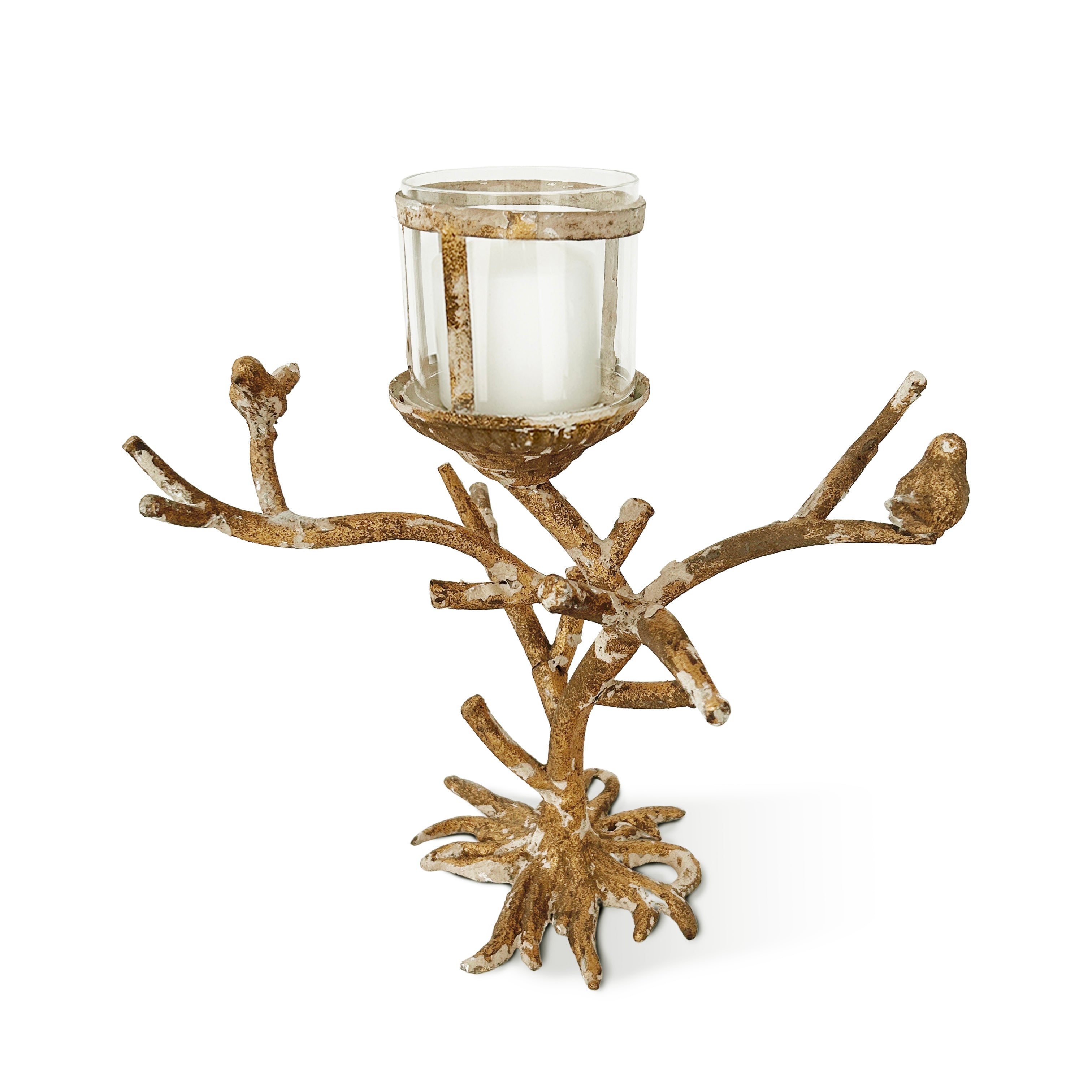 Candelabro dorado en forma de tronco con pajaritos