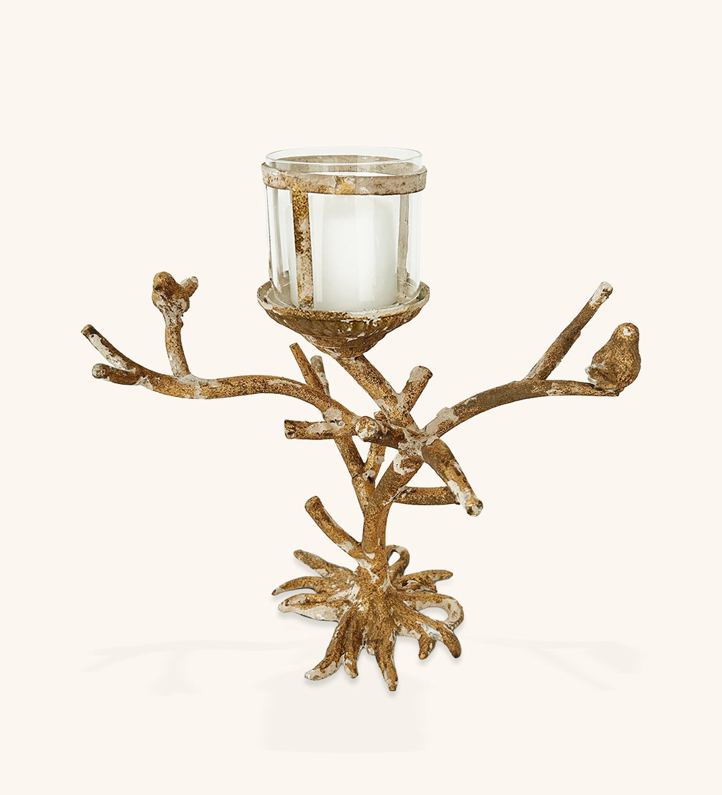 Candelabro de Metal Dorado en Forma de Tronco con Pajaritos