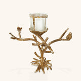 Candelabro de Metal Dorado en Forma de Tronco con Pajaritos
