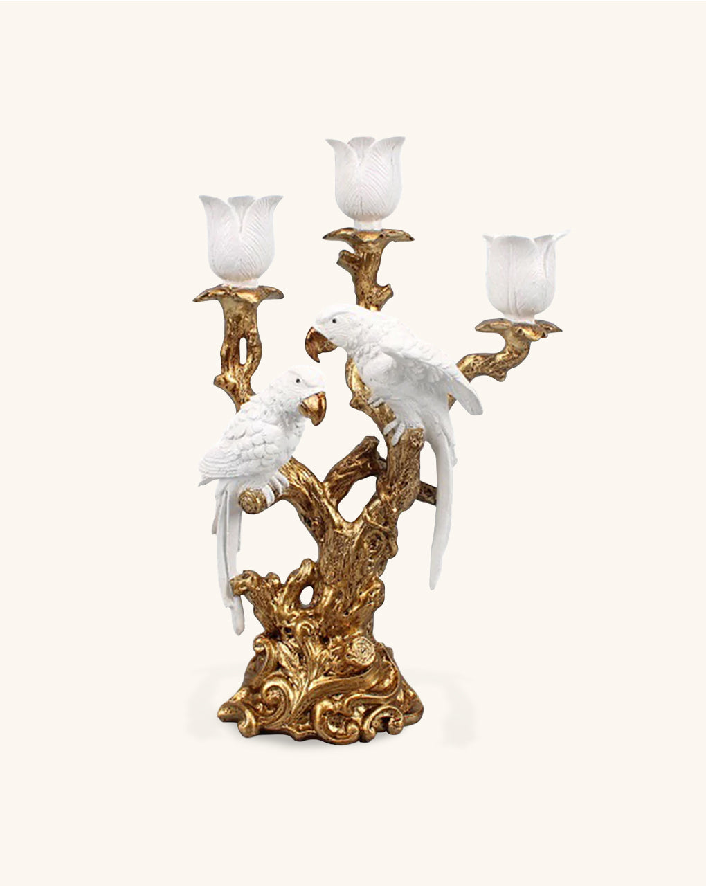 Candelabro para 3 Velas con Pericos Hecho en Resina Color Blanco con Dorado
