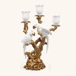 Candelabro para 3 Velas con Pericos Hecho en Resina Color Blanco con Dorado
