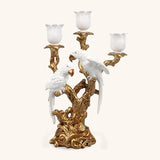 Candelabro para 3 Velas con Pericos Hecho en Resina Color Blanco con Dorado