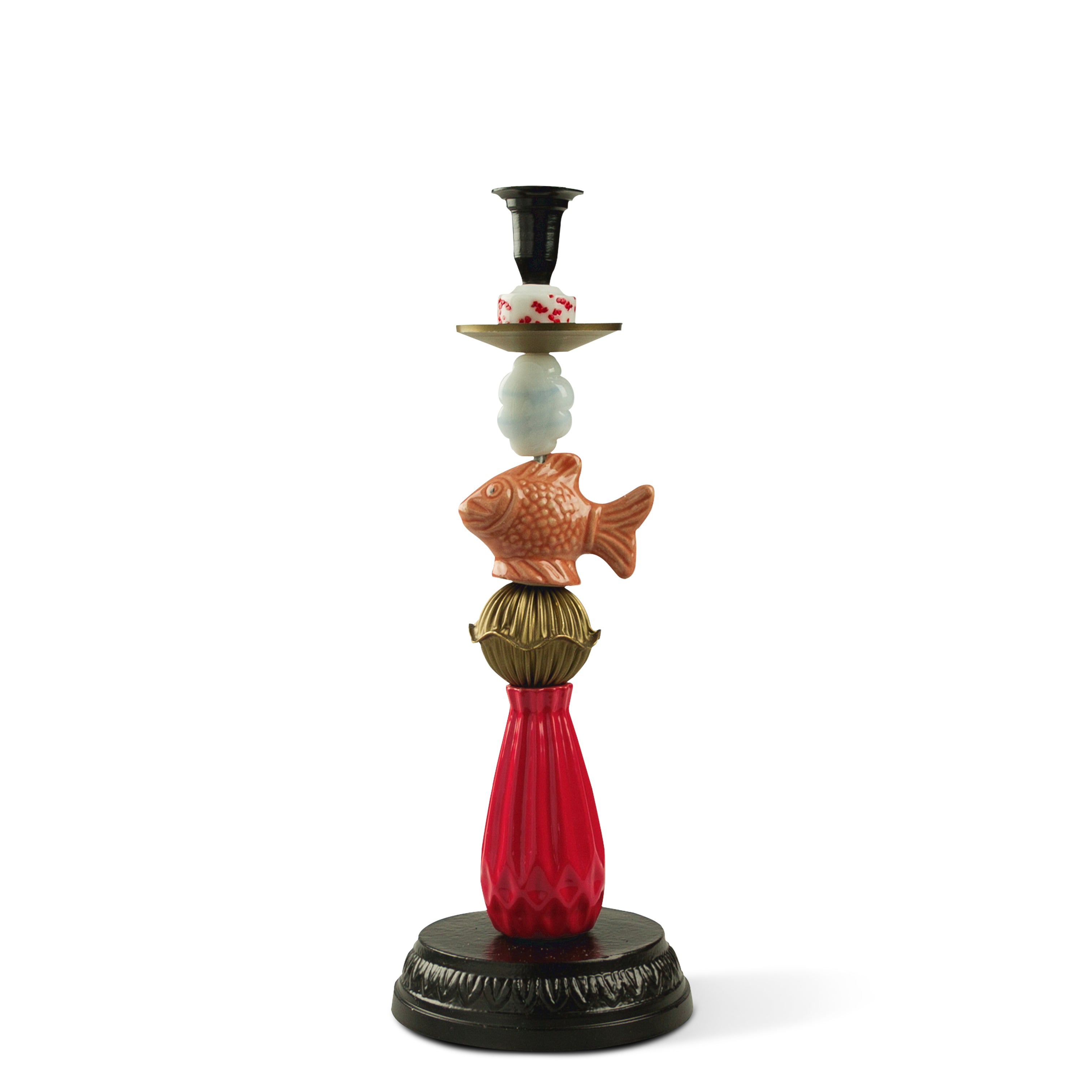Candelabro Italiano de Latón, Cidrio y Cerámica Coral Reef en rojo con Pez