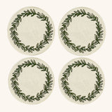 Coasters Olivos con Bordado de Guirnalda Verde en Lino Arena. Set de 4