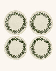 Coasters Olivos con Bordado de Guirnalda Verde en Lino Arena. Set de 4