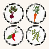 Coasters Veggies en Lino Blanco con Bordado de Verduras. Set de 4