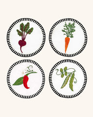 Coasters Veggies en Lino Blanco con Bordado de Verduras. Set de 4