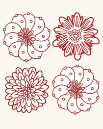 Coasters Identidad en Lino Blanco con Bordado de Biznaga, Pasiflora y Dalia Rojas. Set de 4