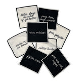 Cocteleras de Lino Negro con Frases Mexicanas Bordadas en Color Ivory. Set de 4