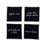 Set de 4 Servilletas Cocteleras en lino negro con orilla y frases típicas mexicanas bordadas en blanco