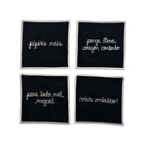 Set de 4 Servilletas Cocteleras en lino negro con orilla y frases típicas mexicanas bordadas en blanco