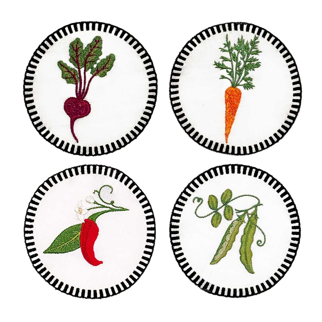 Servilletas cocteleras redondas de lino con bordado de verduras, marca Zash