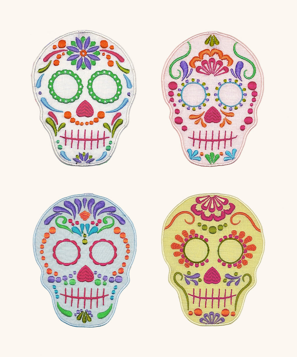 Cocteleras Calaverita de Azúcar en Lino de Blanco, Amarillo, Rosa y Azul con Bordado de Colores