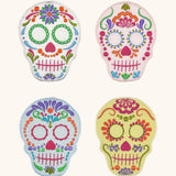Cocteleras Calaverita de Azúcar en Lino de Blanco, Amarillo, Rosa y Azul con Bordado de Colores. Set de 4