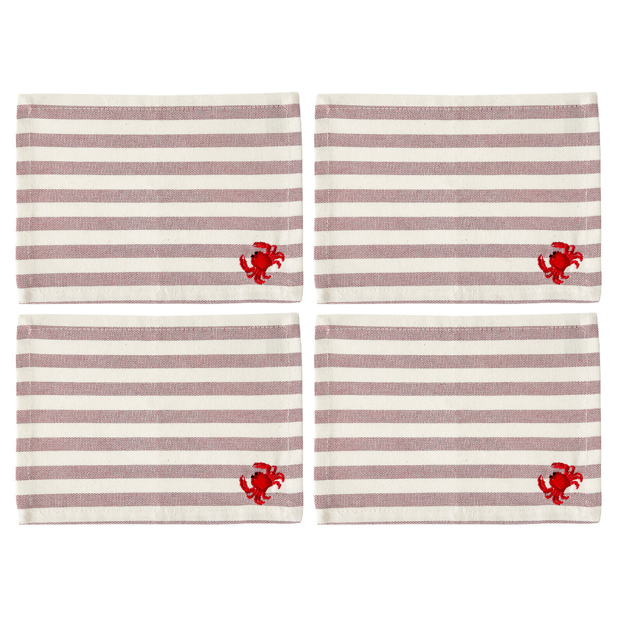 Servilletas cocteleras rectangulares de loneta con rayas blancas y rojas y bordado de cangrejo, marca Zash