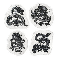 Cocteleras en Lino Blanco con Bordado de Dragón Negro. Set de 4