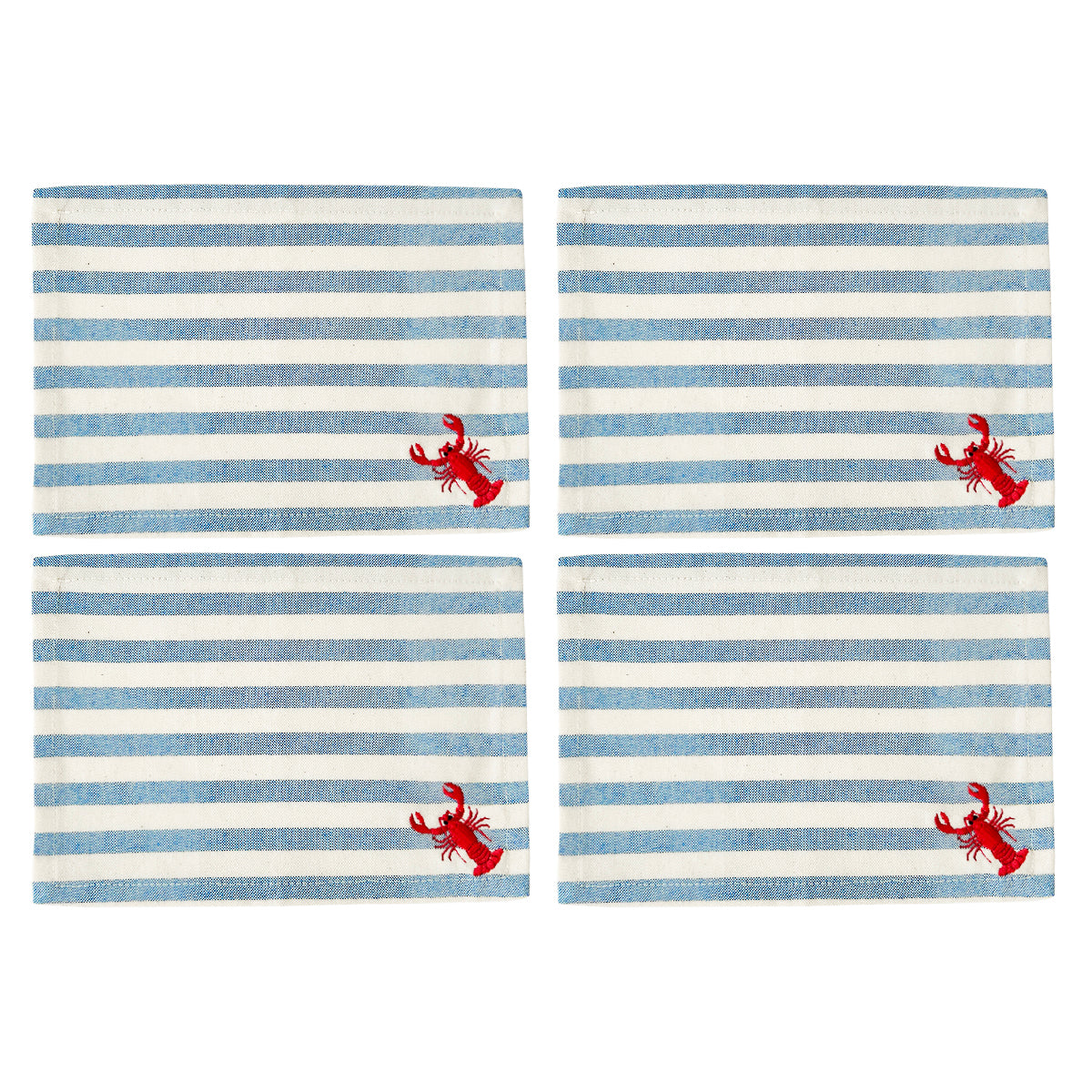 Servilletas cocteleras rectangulares de loneta con rayas blancas y azules y bordado de langosta, marca Zash