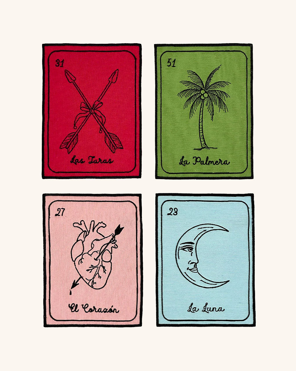Cocteleras Lotería con Bordado Negro en Algodón de Colores. Set de 4. Vol. 1