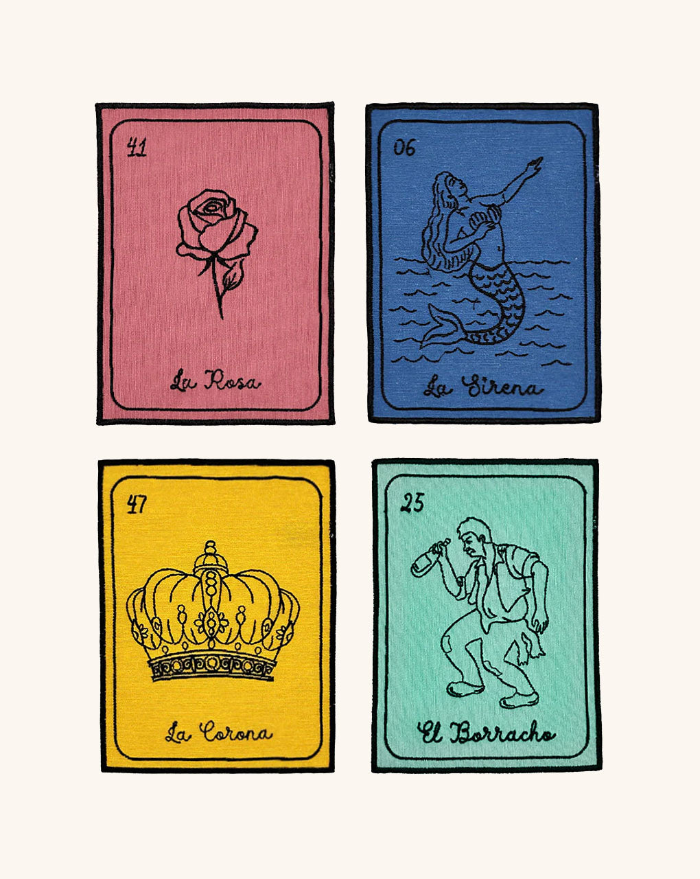 Cocteleras Lotería con Bordado Negro en Algodón de Colores. Set de 4. Vol. 2 
