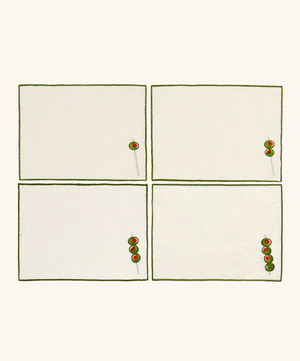 Cocteleras Olivos con Bordado de Aceitunas en Lino Arena. Set de 4