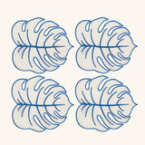 Cocteleras Tropic en Lino Arena Bordadas en forma de Hoja Orilla Azul. Set de 4.