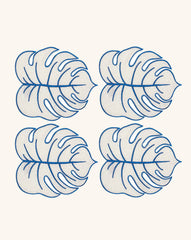 Cocteleras Tropic en Lino Arena Bordadas en forma de Hoja Orilla Azul. Set de 4.