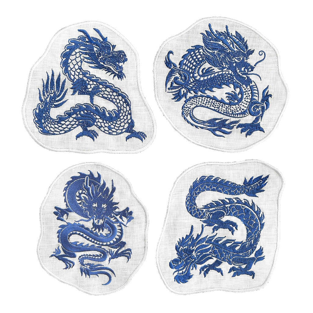 set de 4 Servilletas Cocteleras de Lino Blanco con Dragones Bordados en Azul, marca Zash