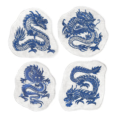 Cocteleras en Lino Blanco con Bordado de Dragón Azul, set 4.