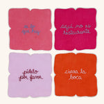 Cocteleras con Frases de Modales en Lino con Bordado de Colores . Set de 4. Vol 1.
