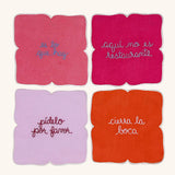 Cocteleras con Frases de Modales en Lino con Bordado de Colores . Set de 4. Vol 1.