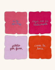 Cocteleras con Frases de Modales en Lino con Bordado de Colores . Set de 4. Vol 1.