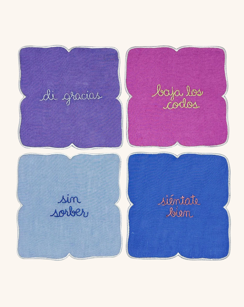Cocteleras con Frases de Modales en Lino con Bordado de Colores . Set de 4. Vol 2