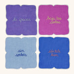 Cocteleras con Frases de Modales en Lino con Bordado de Colores . Set de 4. Vol 2