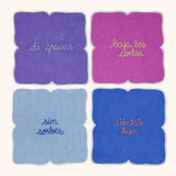 Cocteleras con Frases de Modales en Lino con Bordado de Colores . Set de 4. Vol 2
