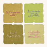 Cocteleras con Frases de Modales en Lino con Bordado de Colores . Set de 4. Vol 3