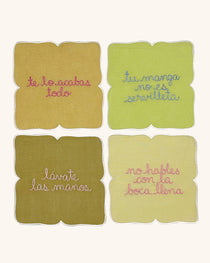 Cocteleras con Frases de Modales en Lino con Bordado de Colores . Set de 4. Vol 3