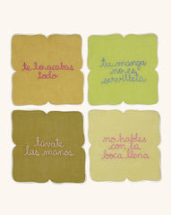 Cocteleras con Frases de Modales en Lino con Bordado de Colores . Set de 4. Vol 3