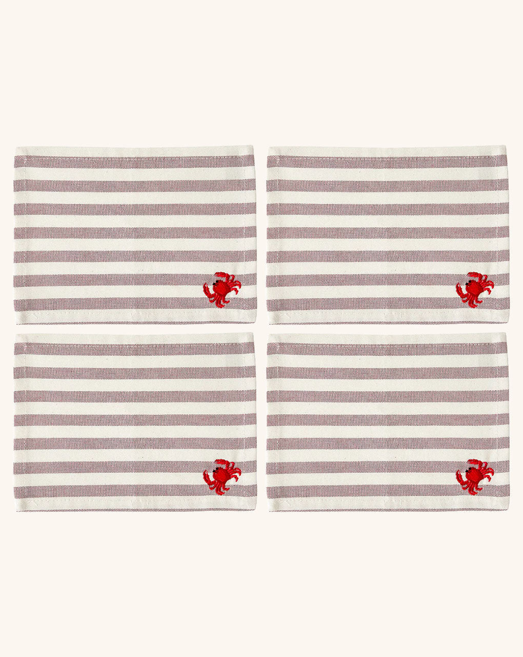 Cocteleras de Loneta con Rayas Blancas y Rojas con Bordado de Cangrejo. Set de 4