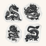 Cocteleras en Lino Blanco con Bordado de Dragón Negro. Set de 4