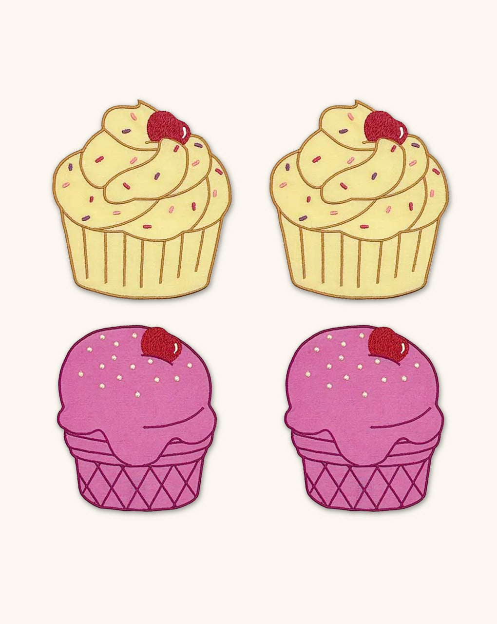 Cocteleras en Lino Violeta y Mantequilla con Bordado de Cupcake y Helado. Set de 4