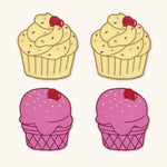 Cocteleras en Lino Violeta y Mantequilla con Bordado de Cupcake y Helado. Set de 4