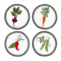 Coasters Veggies en Lino Blanco con Bordado de Verduras. Set de 4