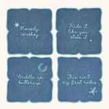 Cocteleras con Frases Vaqueras en Lino Azul con Bordado Turquesa. Set de 4