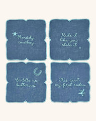 Cocteleras con Frases Vaqueras en Lino Azul con Bordado Turquesa. Set de 4