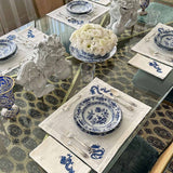 Set 4 Manteles Individuales, 4 Servilletas y 4 Cocteleras en Lino Blanco con Bordado de Dragón Azul