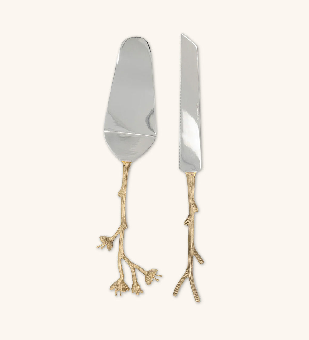 Cubiertos de Servicio para Pastel con Mango de Bronce en Forma de Ramitas Set de Pala y Cuchillo