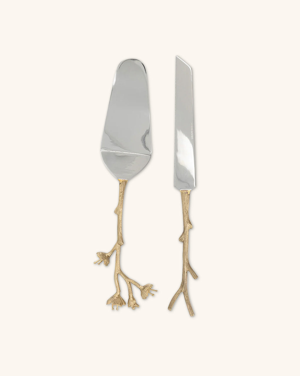 Cubiertos de Servicio para Pastel con Mango de Bronce en Forma de Ramitas Set de Pala y Cuchillo